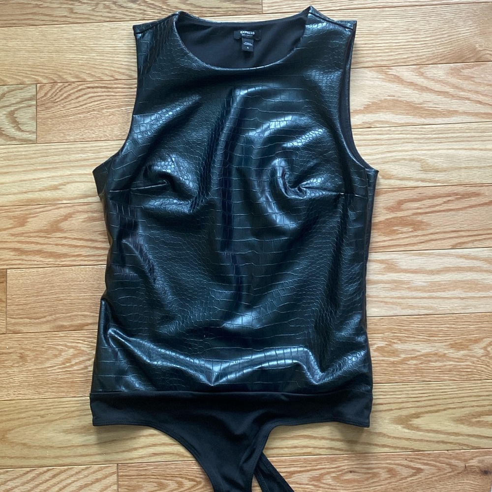 Leather-look bodysuit.